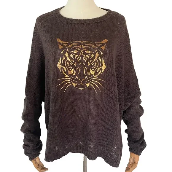 Wooden Ships Copper Tiger Face Oversized Sweater in Brown Mohair Wool Size M/L - Picture 4 of 11